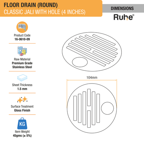 Classic Round Jali Floor Drain (4 inches) with Hole (Pack of 2) dimensions and sizes