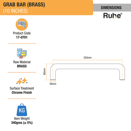 Brass Grab Bar (10 inches) dimensions and sizes