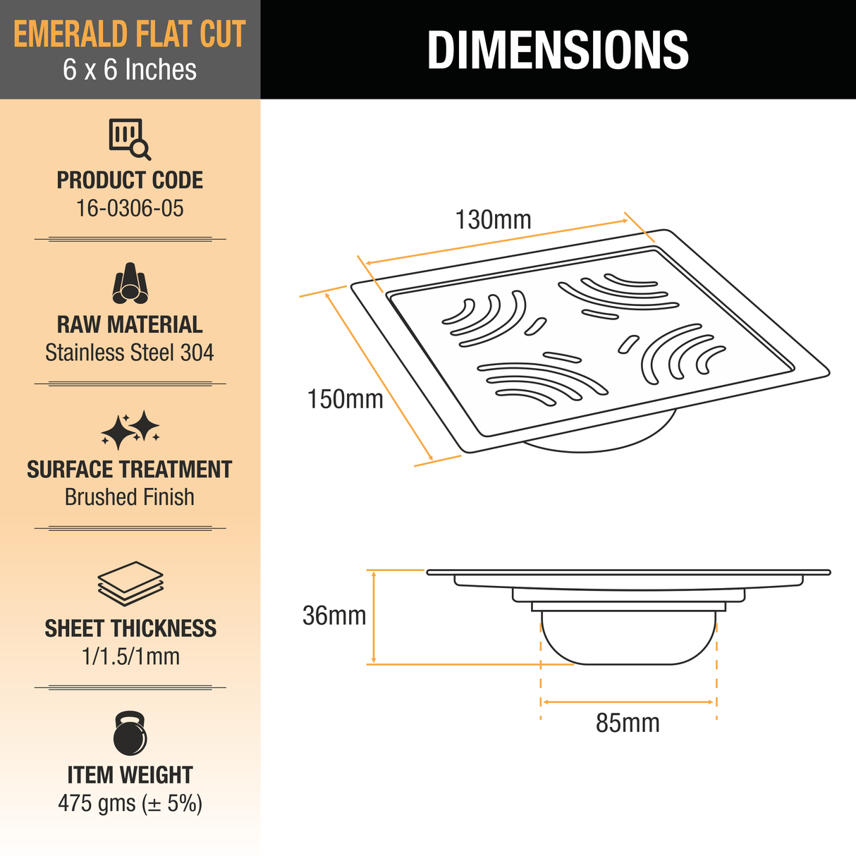 Emerald Square Flat Cut 304-Grade Floor Drain with Cockroach Trap (6 x 6 Inches) - by Ruhe