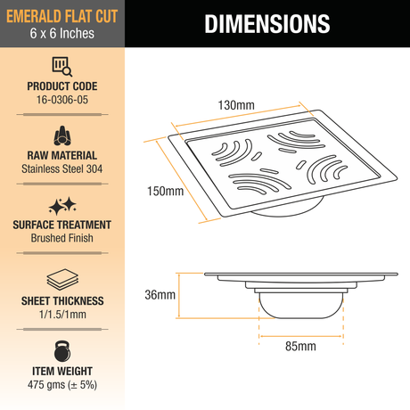 Emerald Floor Drain Square Flat Cut (6 x 6 Inches) with Cockroach Trap 2