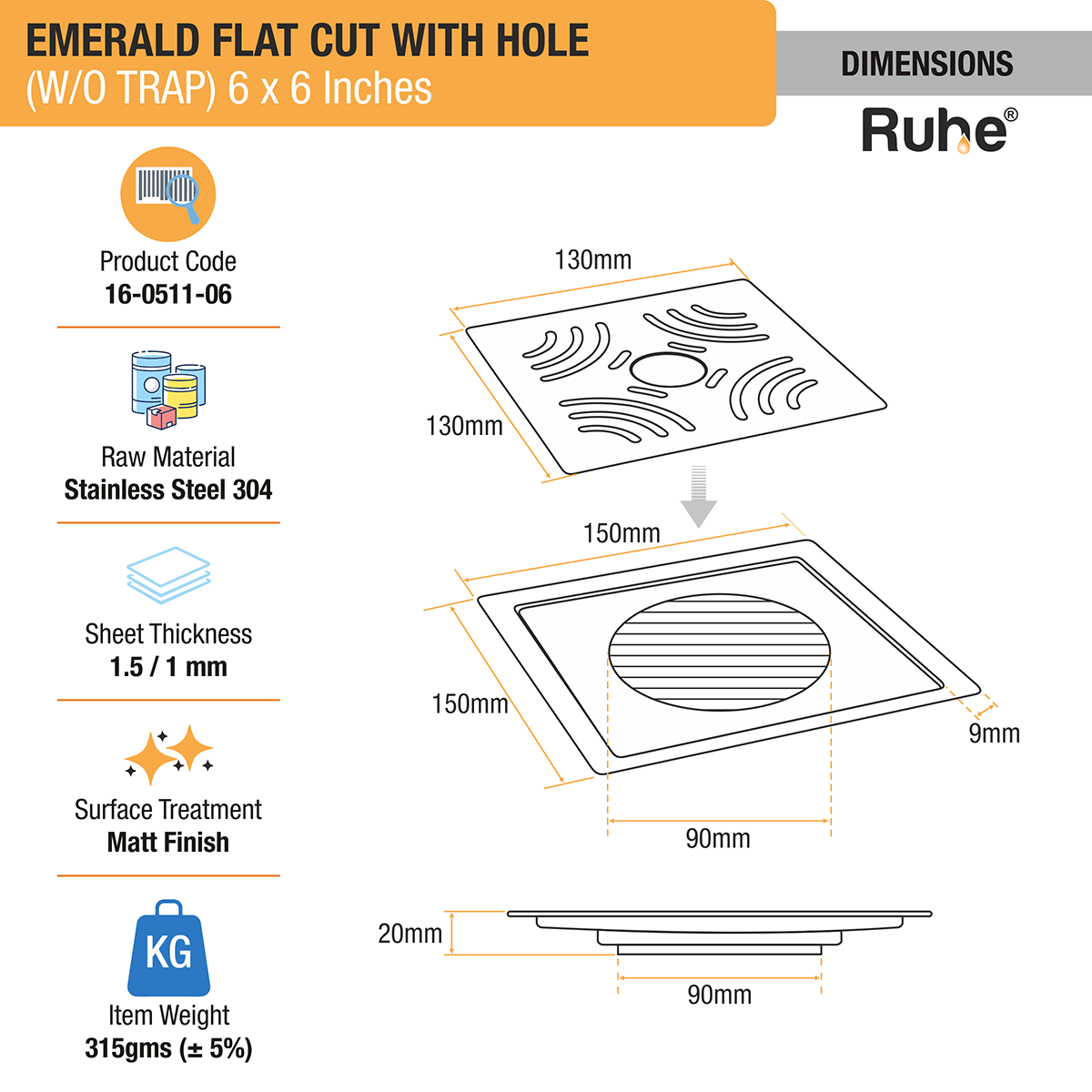 Emerald Square Flat Cut 304-Grade Floor Drain with Hole (6 x 6 Inches) - by Ruhe®