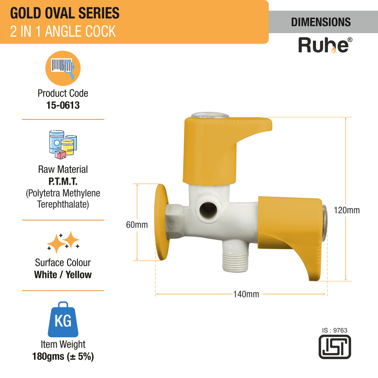 Gold Oval Two Way Angle Valve PTMT Faucet (Double Handle) - by Ruhe®