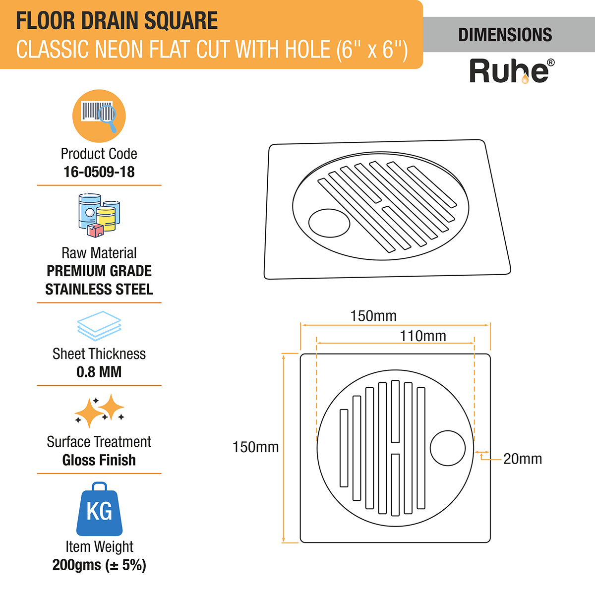 Classic Neon Square Flat Cut Floor Drain (6 x 6 inches) with Hole - by Ruhe®