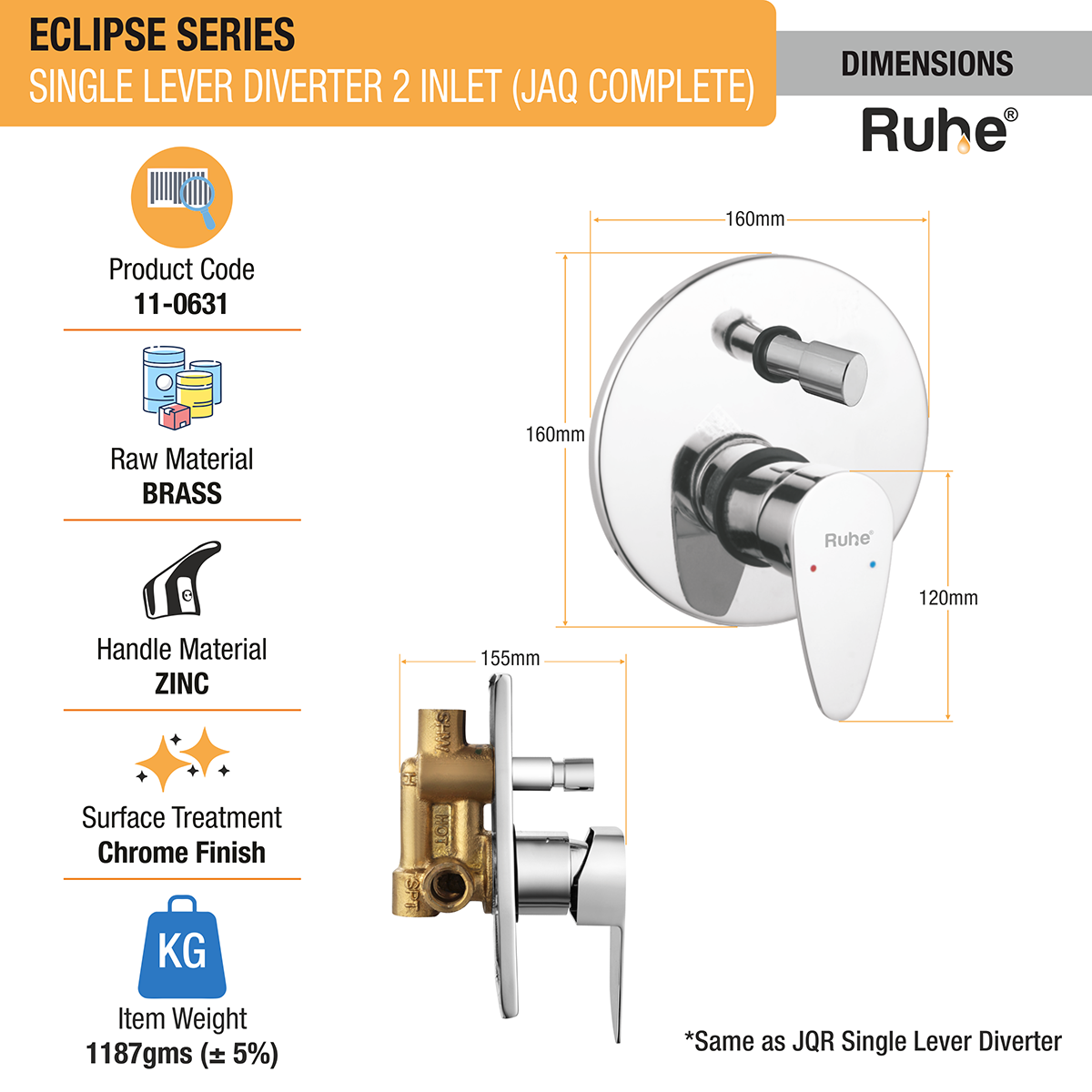 Eclipse Single Lever 2-inlet Diverter (JAQ Complete Set) dimensions, raw material, item weight