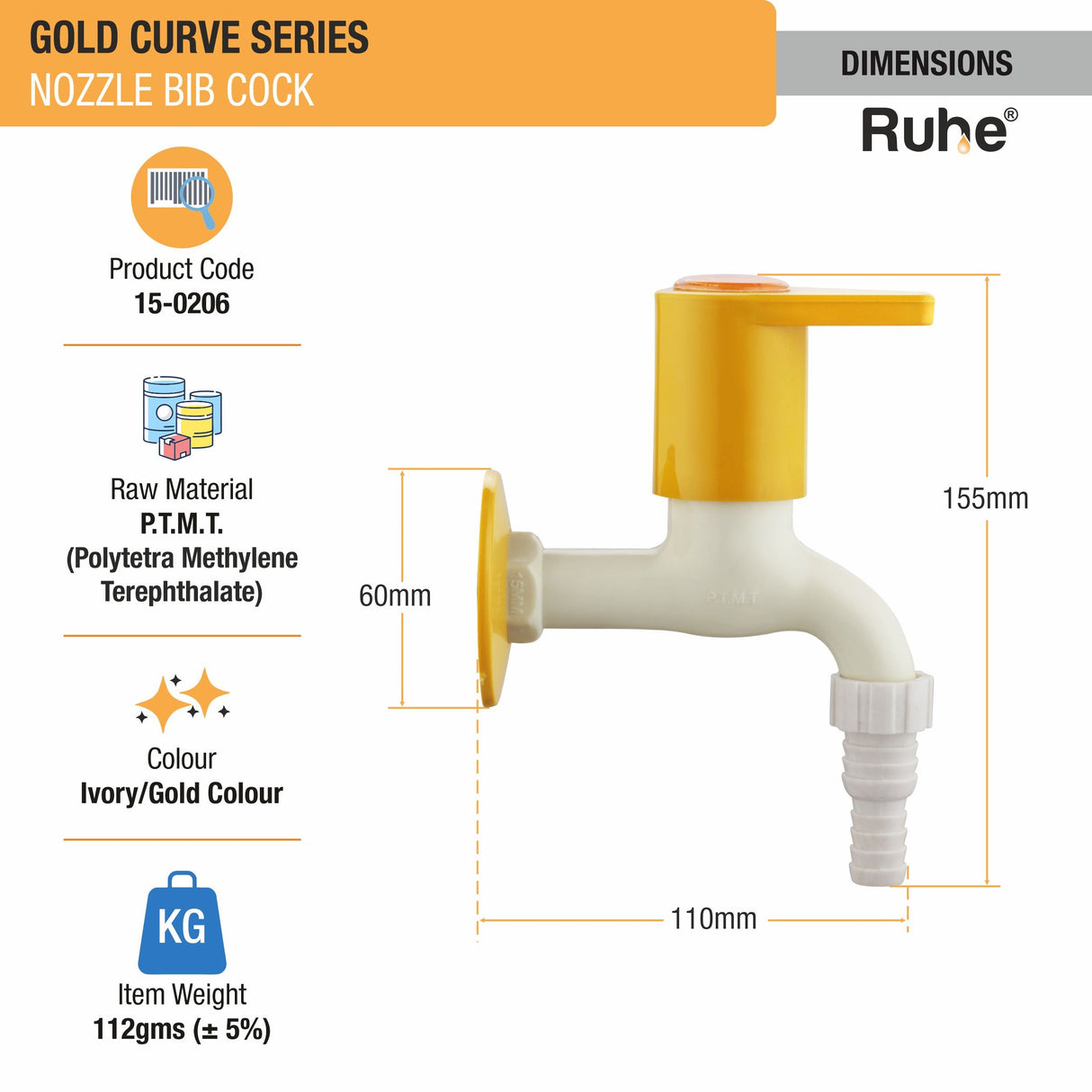 Gold Curve Nozzle Bib Tap PTMT Faucet - by Ruhe®