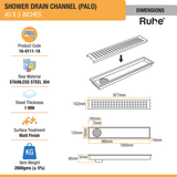 Palo Shower Drain Channel (40 x 5 Inches) with Cockroach Trap (304 Grade) dimensions and size