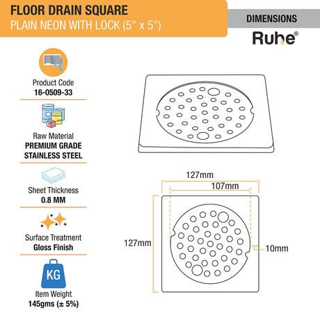 Plain Neon with Collar Square Floor Drain (5 x 5 inches) with Lock dimensions and size