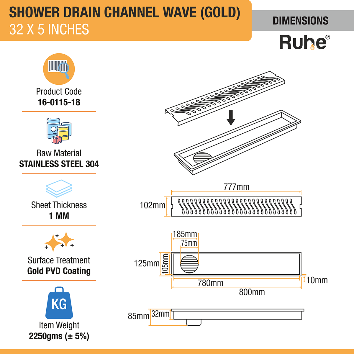 Wave Shower Drain Channel (32 x 5 Inches) YELLOW GOLD PVD Coated - by Ruhe®