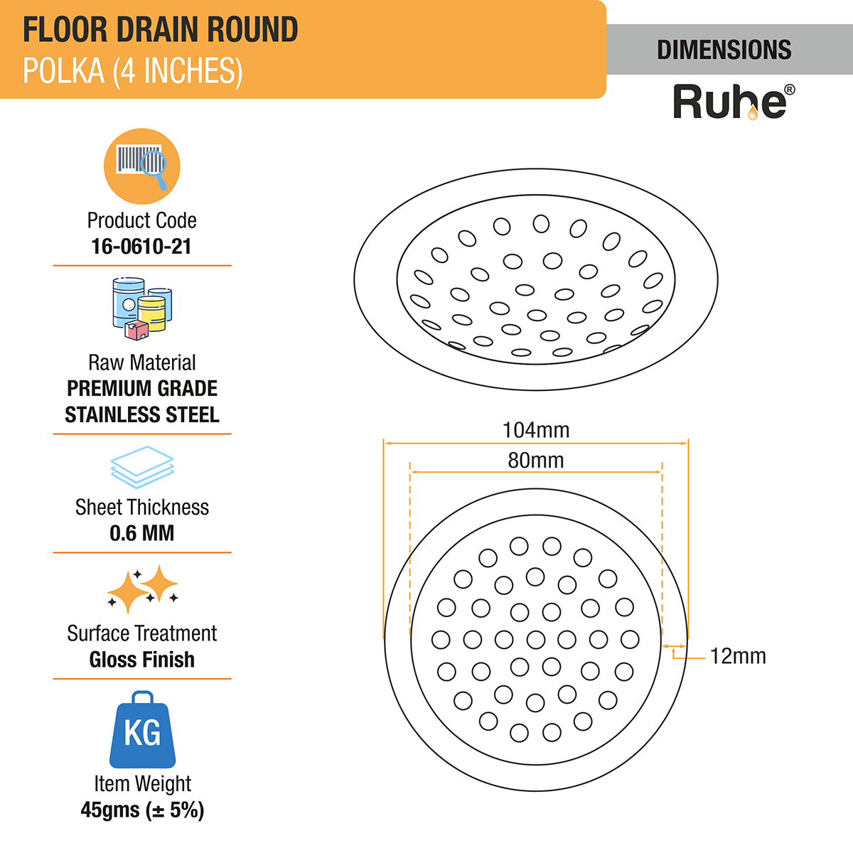 Polka Round Floor Drain (4 Inches) (Pack of 4) - by Ruhe®