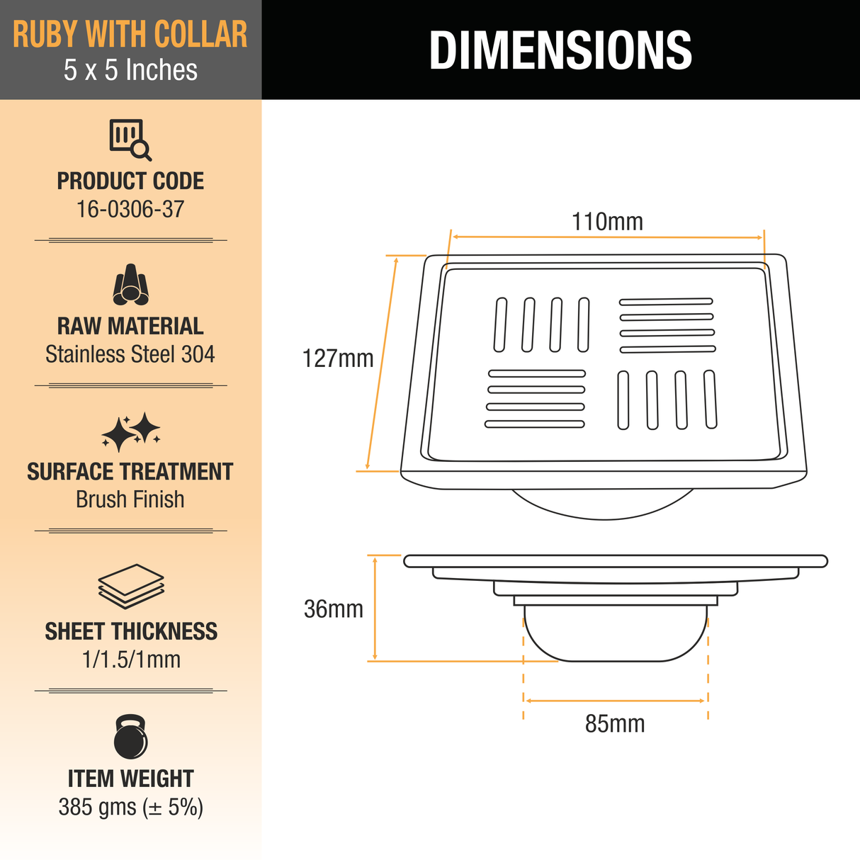 Ruby Square 304-Grade Floor Drain with Collar & Cockroach Trap (5 x 5 Inches) - by Ruhe