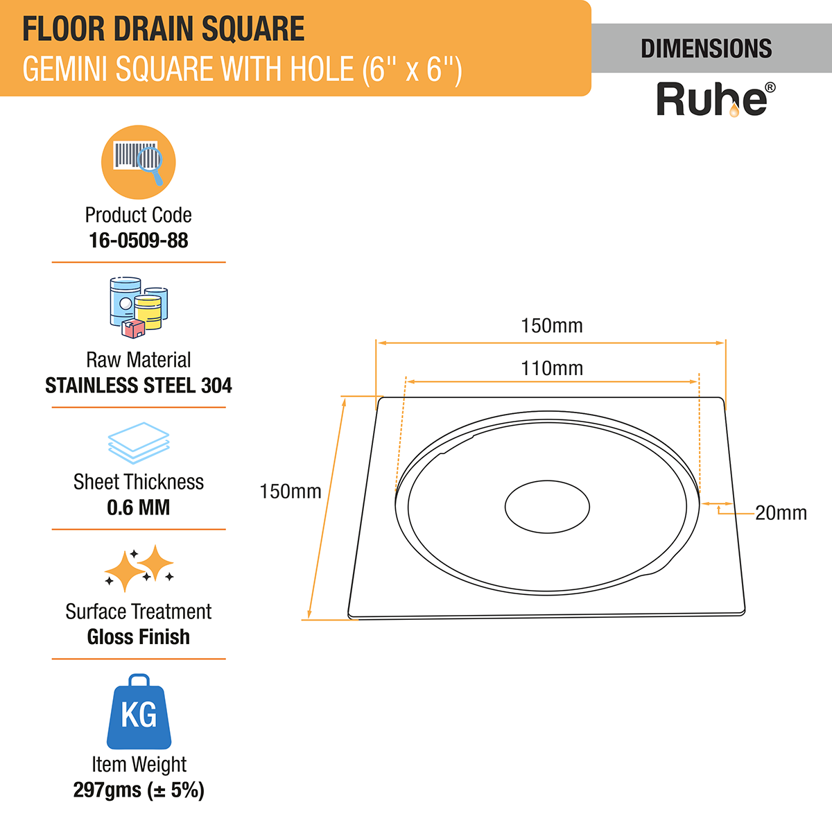 Gemini Square 304-Grade Floor Drain with Hinge & Hole (6 x 6 Inches) - by Ruhe®