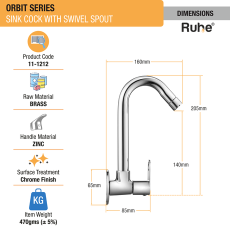 Orbit Sink Tap with Small (12 inches) Round Swivel Spout Brass Faucet dimensions and size