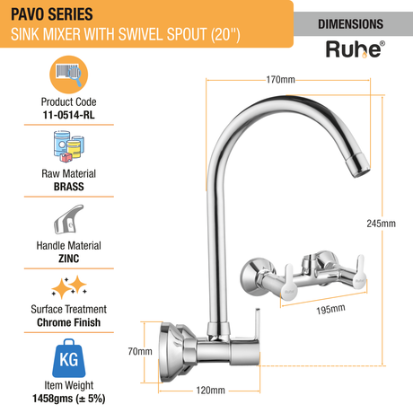 Pavo Sink Mixer with Large (20 inches) Round Swivel Spout Faucet sizes