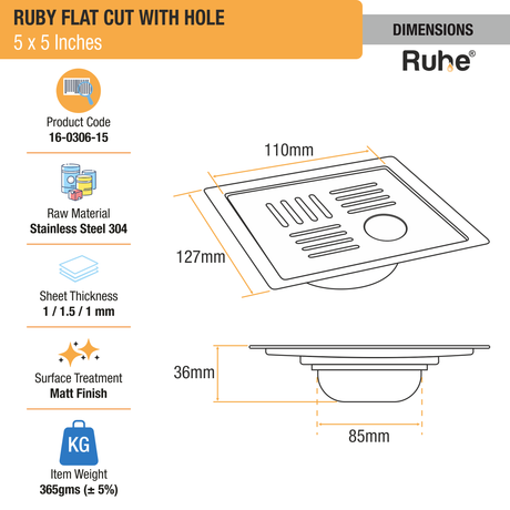 Ruby Floor Drain Square Flat Cut (5 x 5 Inches) with Hole and Cockroach Trap (304 Grade) dimensions and size
