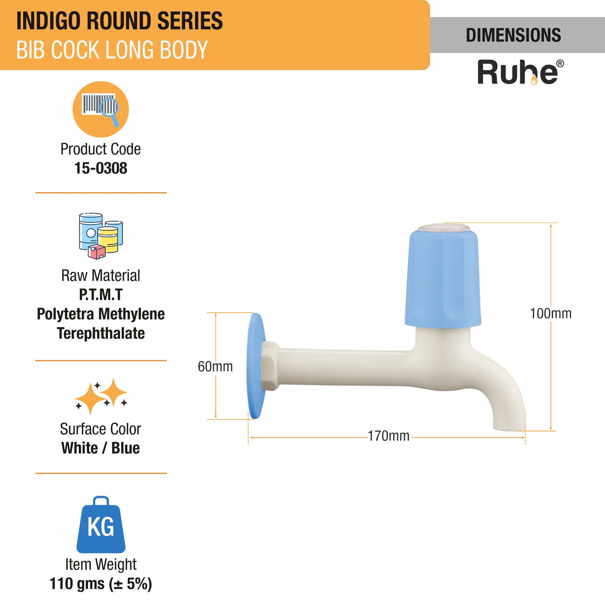 Indigo Round Bib Tap Long Body PTMT Faucet - by Ruhe®