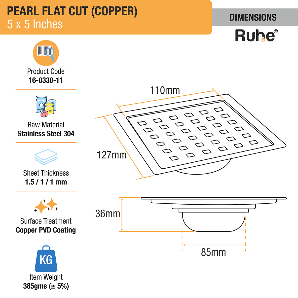 Pearl Square Flat Cut Floor Drain in Antique Copper PVD Coating (5 x 5 Inches) dimensions and size