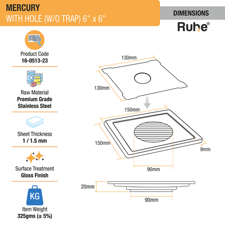 Mercury Square Premium Floor Drain (6 x 6 Inches) with Hole - by Ruhe®