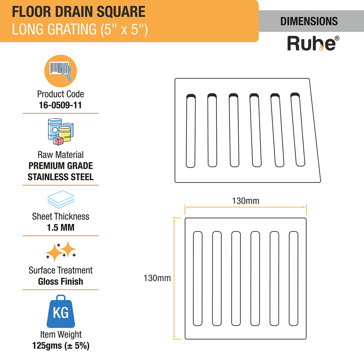 Long Grating Floor Drain (5 x 5 inches) - by Ruhe