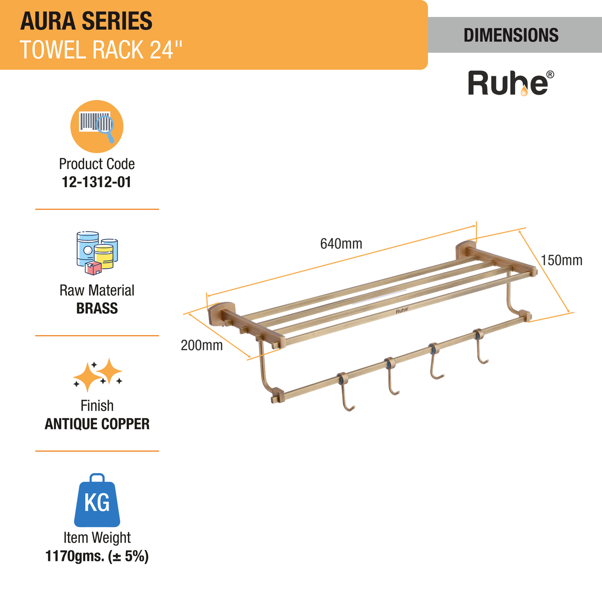 Aura Brass Towel Rack (24 Inches) - by Ruhe®