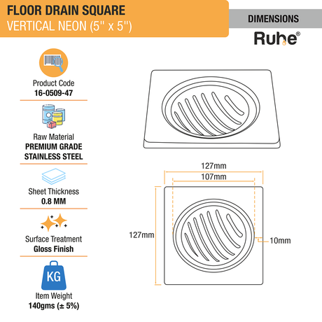 Vertical Neon Square Floor Drain (5 x 5 inches) dimensions and size