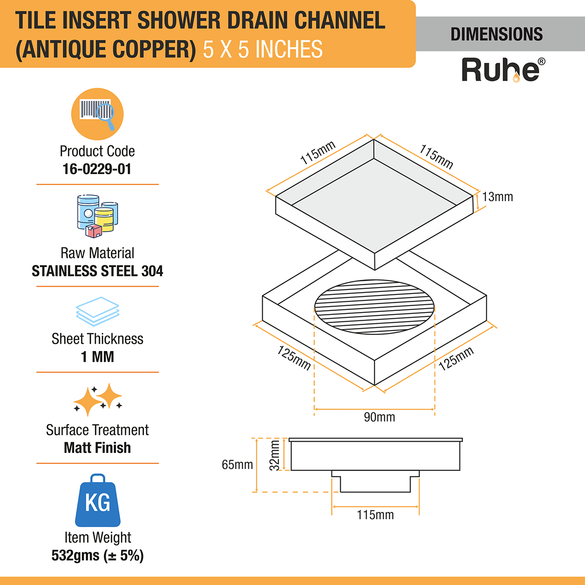 Tile Insert Shower Drain Channel (5 x 5 Inches) ROSE GOLD PVD Coated - by Ruhe®