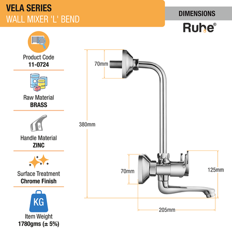 Vela Wall Mixer Tap with L Bend Pipe - by Ruhe®