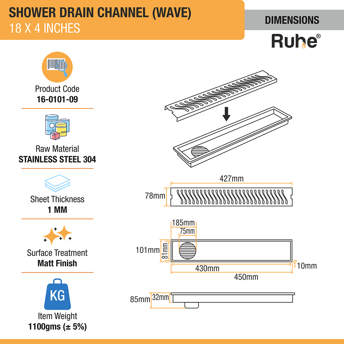 Wave Shower Drain Channel (18 X 4 Inches) with Cockroach Trap (304 Grade) dimensions and size