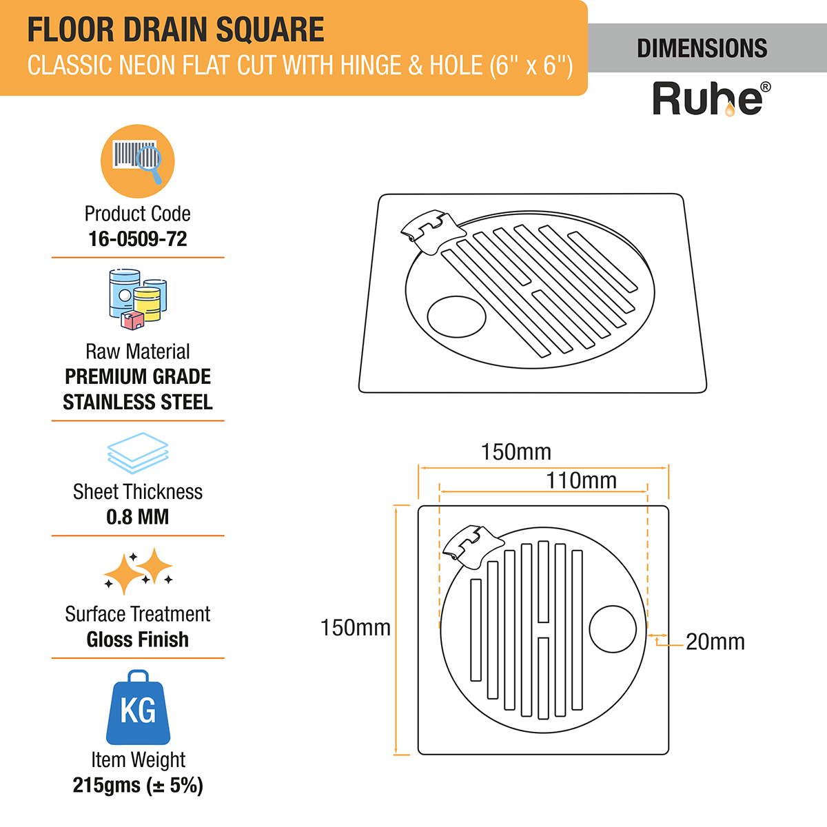 Classic Neon Square Flat Cut Floor Drain (6 x 6 inches) with Hole and Hinged Grating Top - by Ruhe ®