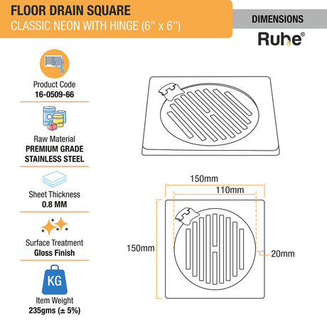 Classic Neon Floor Drain (6 x 6 inches) with Hinged Grating Top dimensions and size