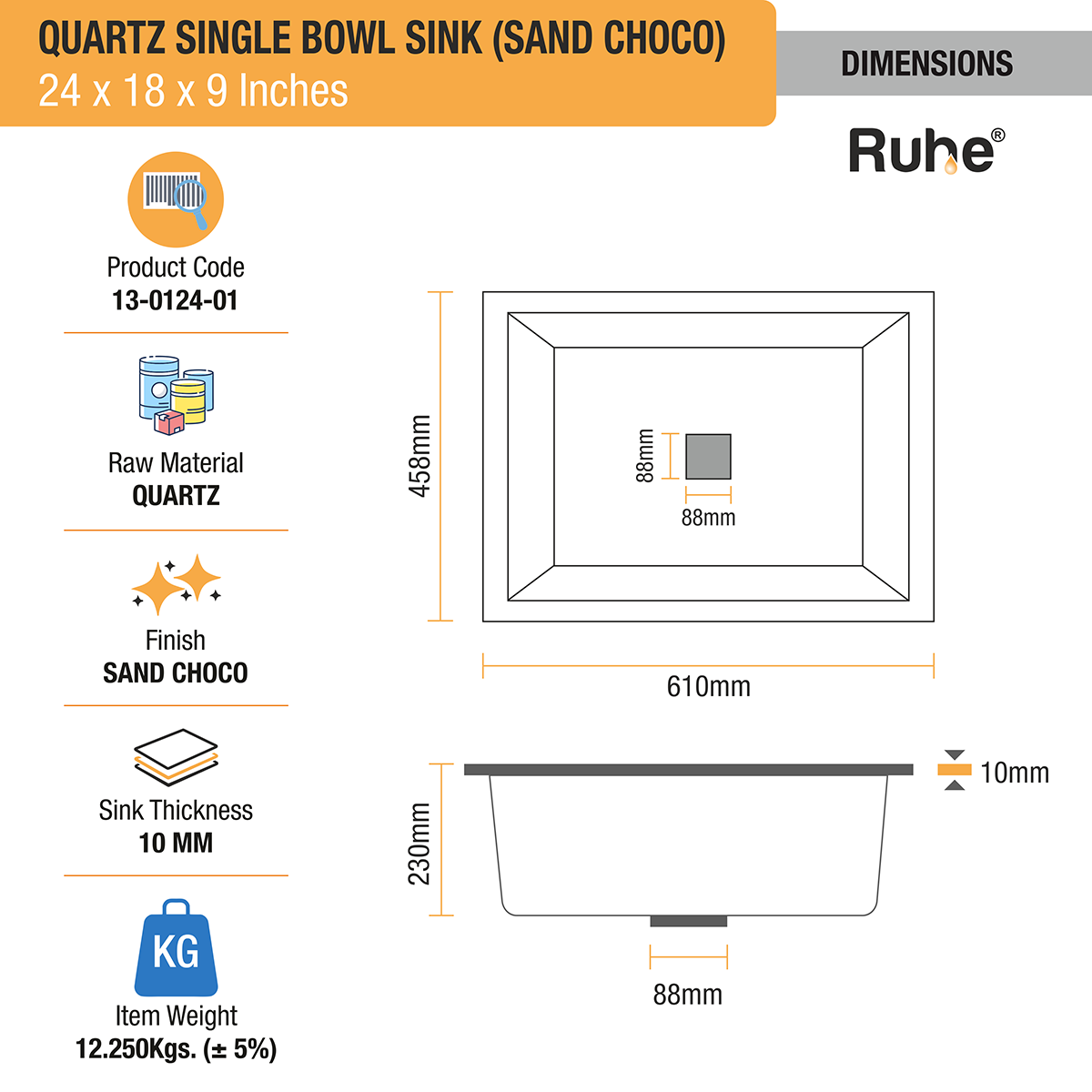 Quartz Single Bowl Sand Choco Kitchen Sink (24 x 18 x 9 inches) dimensions, raw material, item weight and sizes