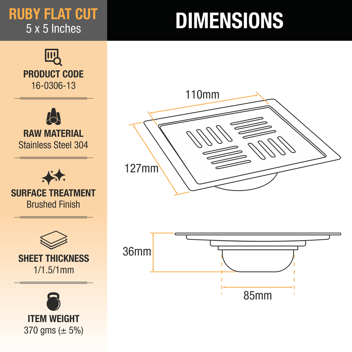 Ruby Square Flat Cut 304-Grade Floor Drain with Cockroach Trap (5 x 5 Inches) - by Ruhe