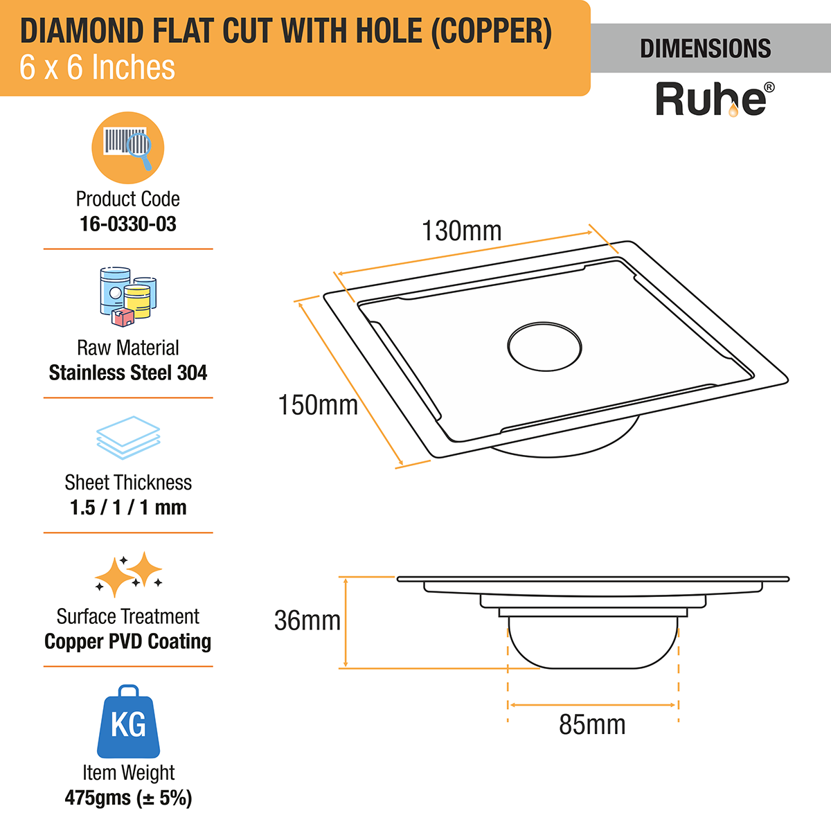 Diamond Square Flat Cut Floor Drain in Antique Copper PVD Coating (6 x 6 Inches) with Hole - by Ruhe®