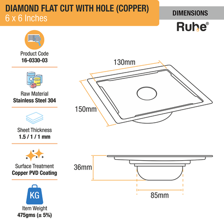 Diamond Square Flat Cut Floor Drain in Antique Copper PVD Coating (6 x 6 Inches) with Hole diemensions and size