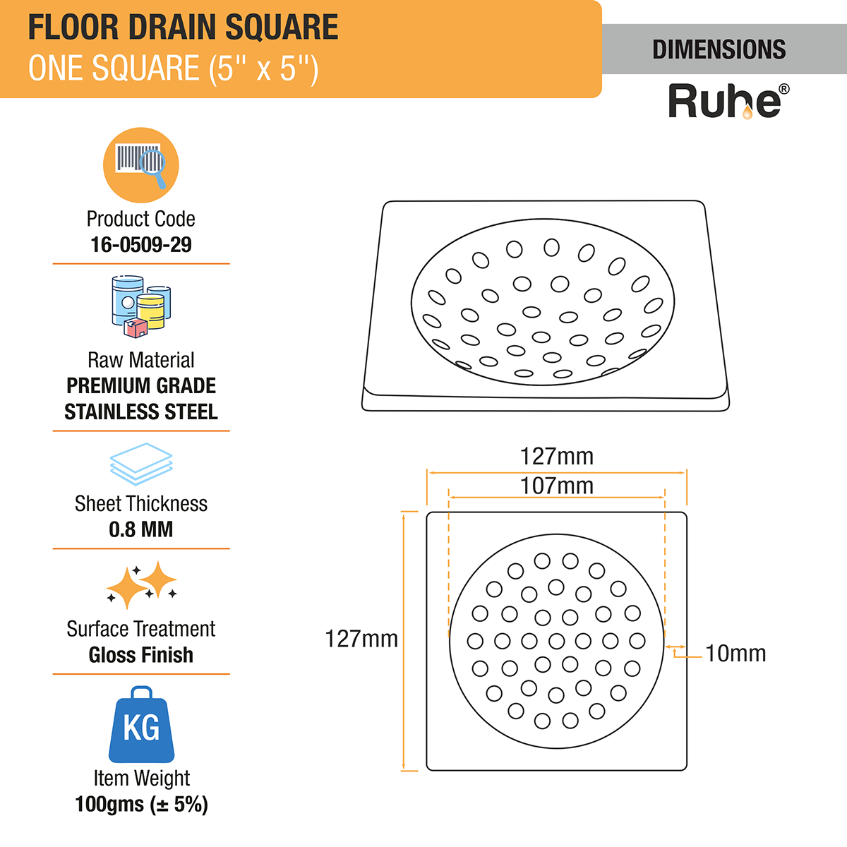 One Square with Collar Floor Drain (5 x 5 inches) (Pack of 2) - by Ruhe®