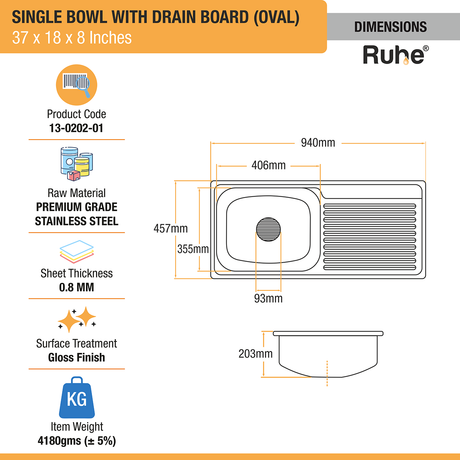 Oval Single Bowl (37 x 18 x 8 inches) Premium Stainless Steel Kitchen Sink with Drainboard dimensions and sizes