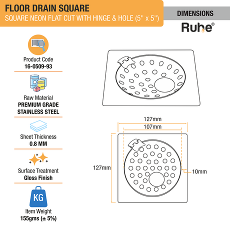 Neon Square Flat Cut Floor Drain (5 x 5 inches) with Hole and Hinged Grating Top dimensions and size