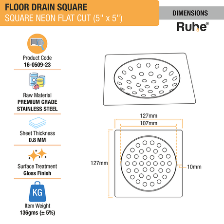 Square Neon Floor Drain Flat Cut (5 x 5 inches) dimensions and size