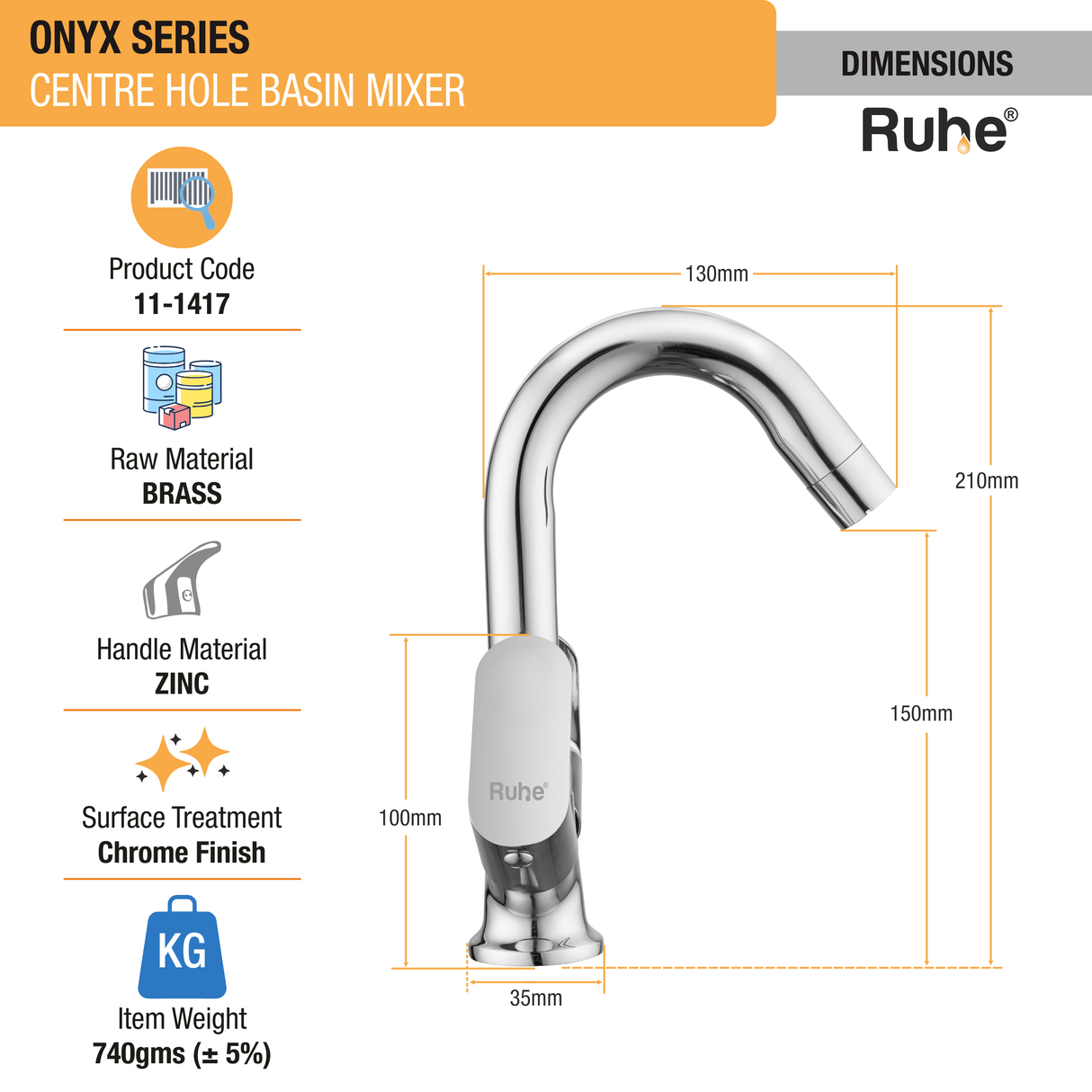 Onyx Centre Hole Basin Mixer with Small (12 inches) Round Swivel Spout Faucet dimensions and size