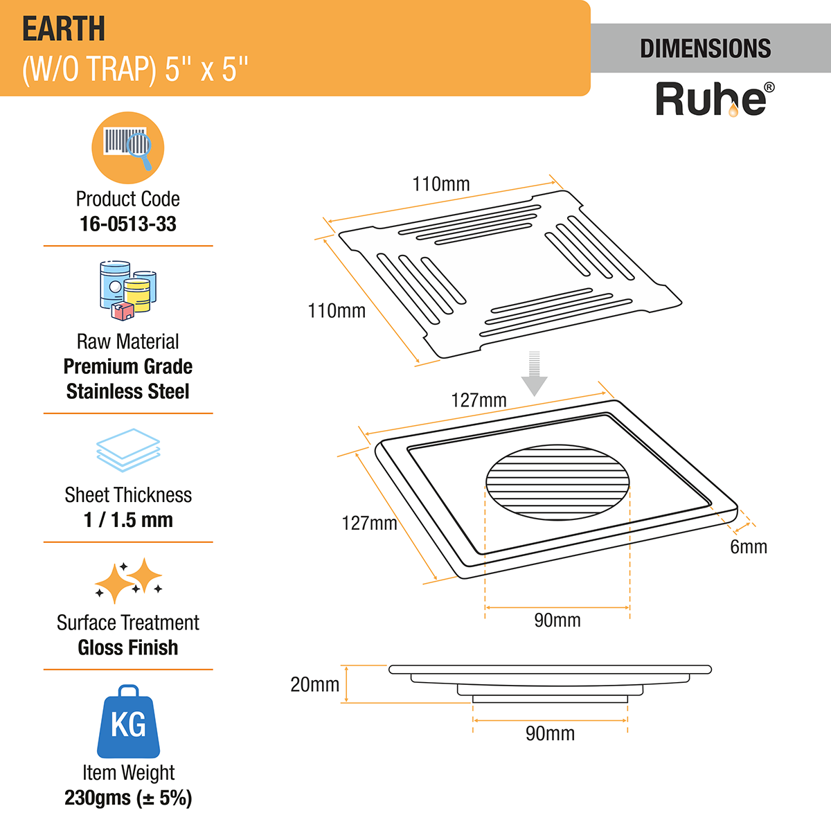 Earth Square Premium Floor Drain (5 x 5 Inches) - by Ruhe®