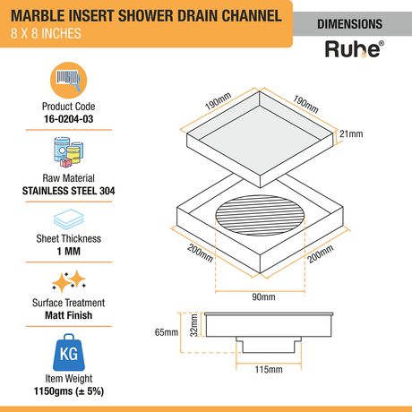 Marble Insert Shower Drain Channel (8 x 8 Inches) with Cockroach Trap (304 Grade) dimensions and size