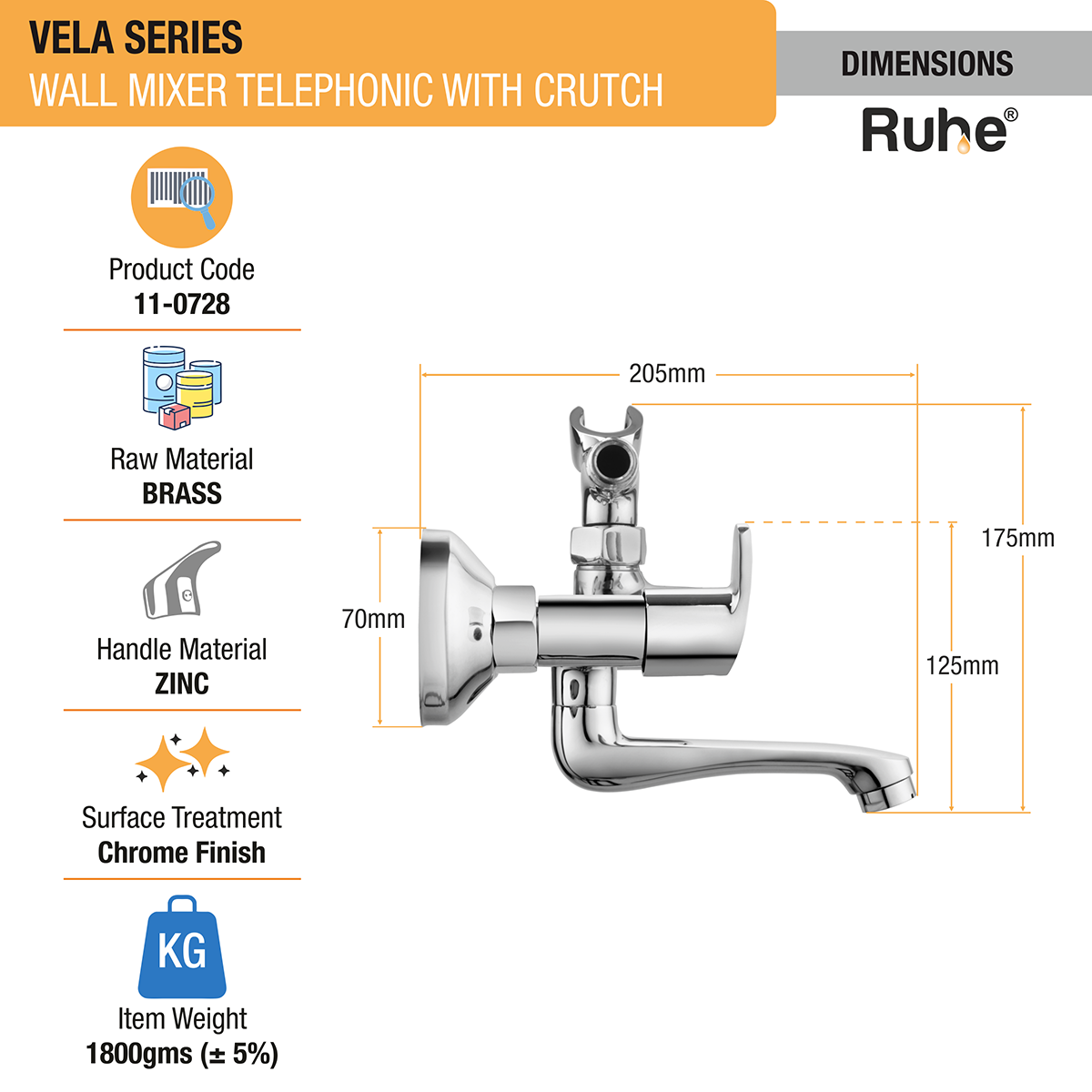 Vela Telephonic Wall Mixer Brass Faucet (with Crutch) - by Ruhe®