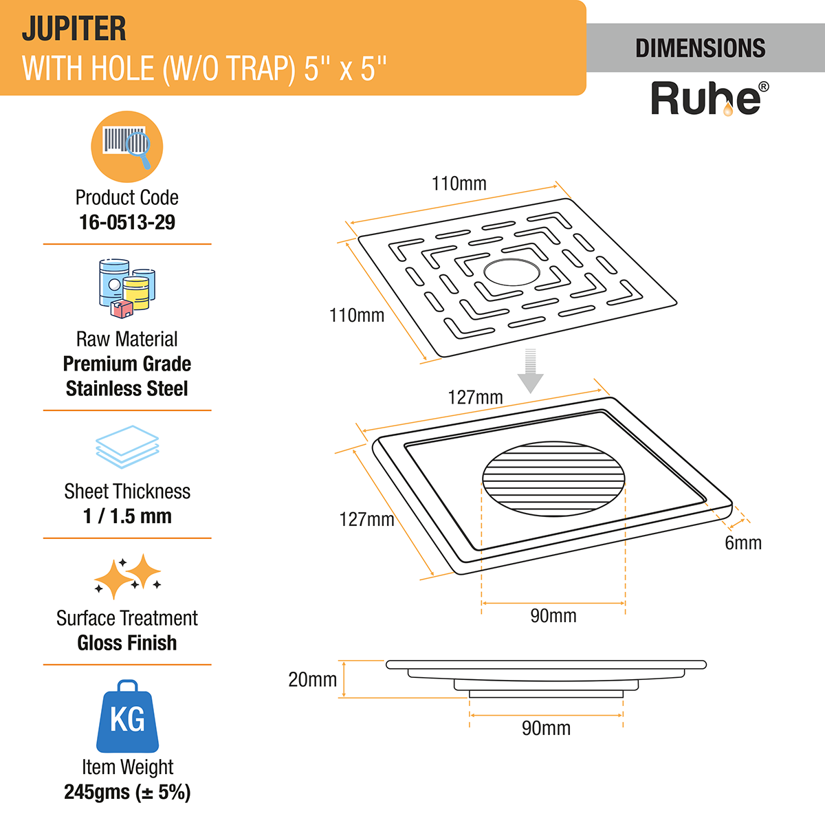 Jupiter Square Premium Floor Drain (5 x 5 Inches) with Hole - by Ruhe®