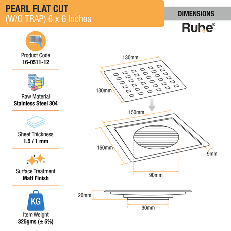 Pearl Square Flat Cut 304-Grade Floor Drain (6 x 6 Inches) dimensions and sizes