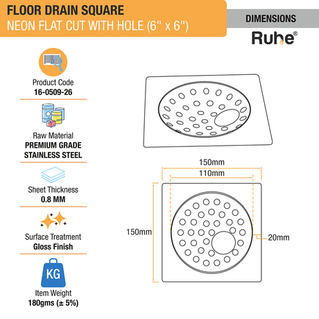 Square Neon Floor Drain Flat Cut (6 x 6 inches) with Hole dimensions and size