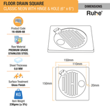 Classic Neon Square Floor Drain (6 x 6 inches) with Hole and Hinged Grating Top dimensions and size