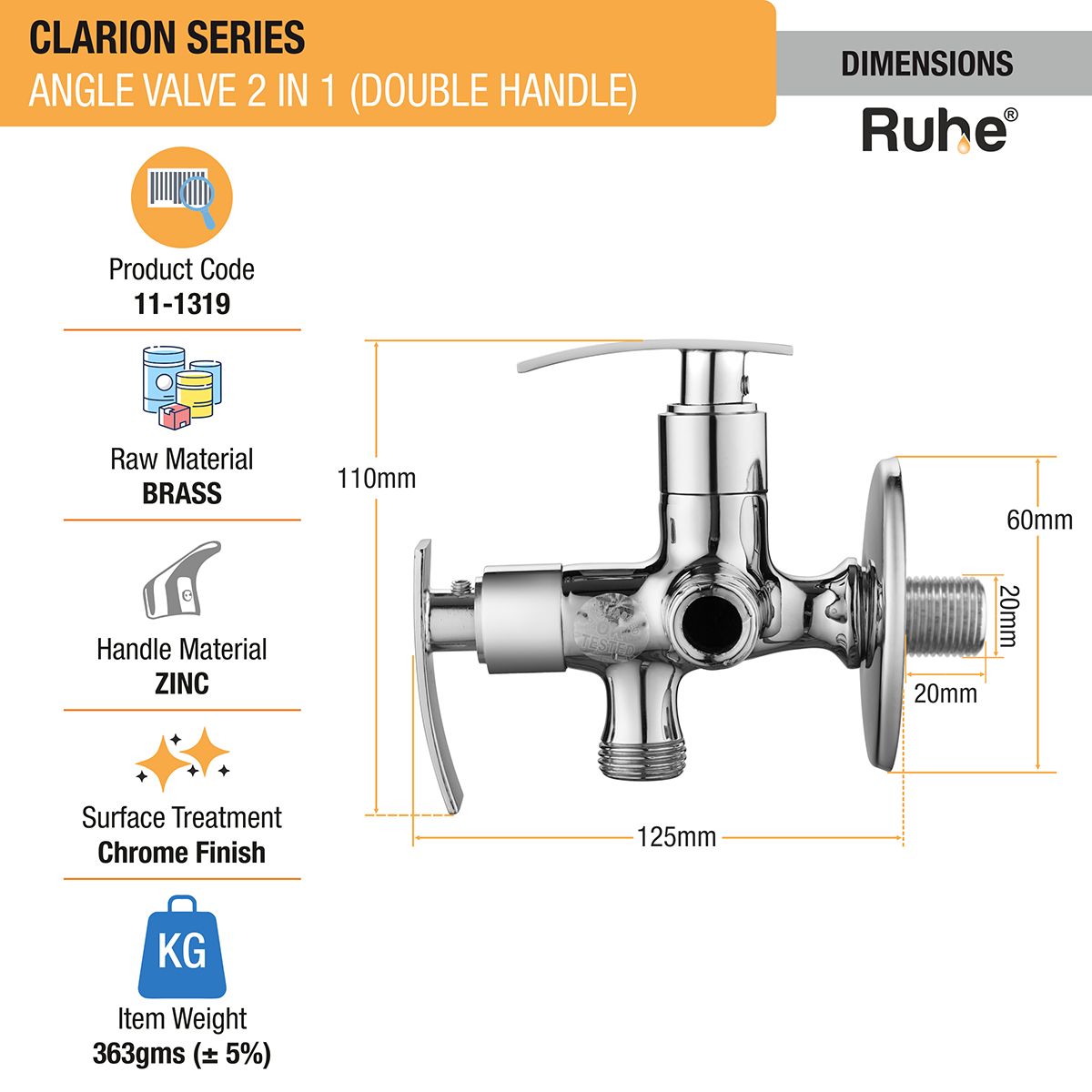 Clarion Two Way Angle Valve Brass Faucet (Double Handle) dimensions and size