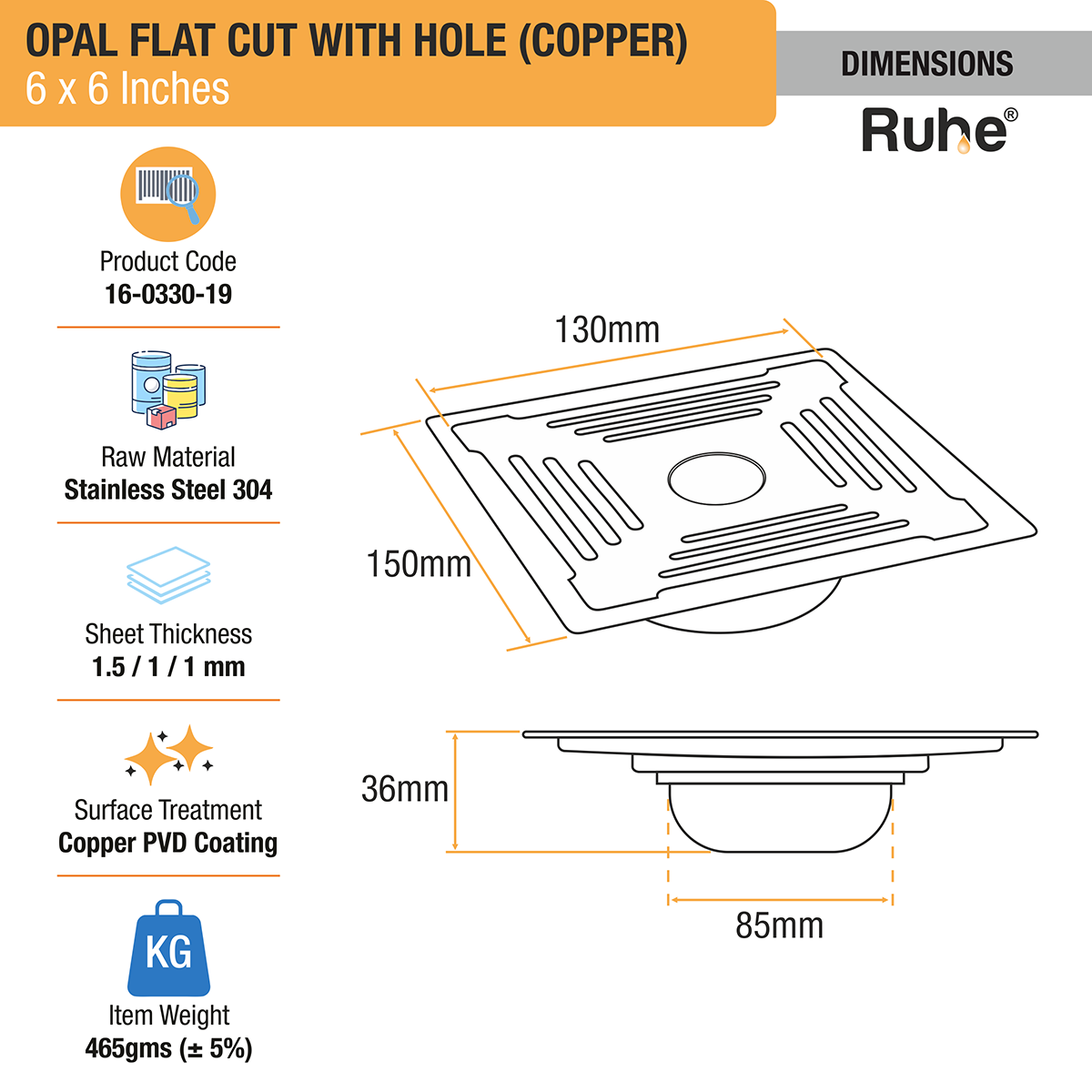 Opal Square Flat Cut Floor Drain in Antique Copper PVD Coating (6 x 6 Inches) with Hole - by Ruhe®