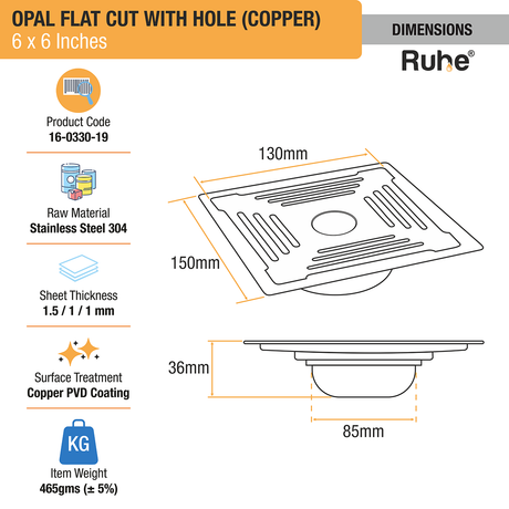 Opal Square Flat Cut Floor Drain in Antique Copper PVD Coating (6 x 6 Inches) with Hole dimensions and size