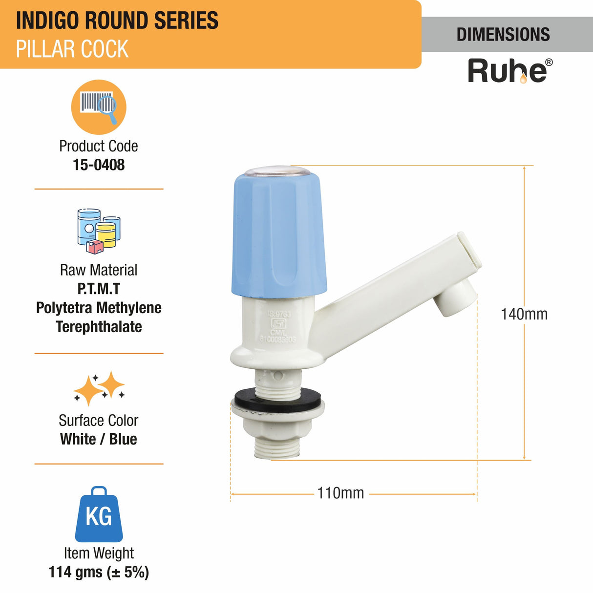 Indigo Round PTMT Pillar Cock Faucet Dimensions