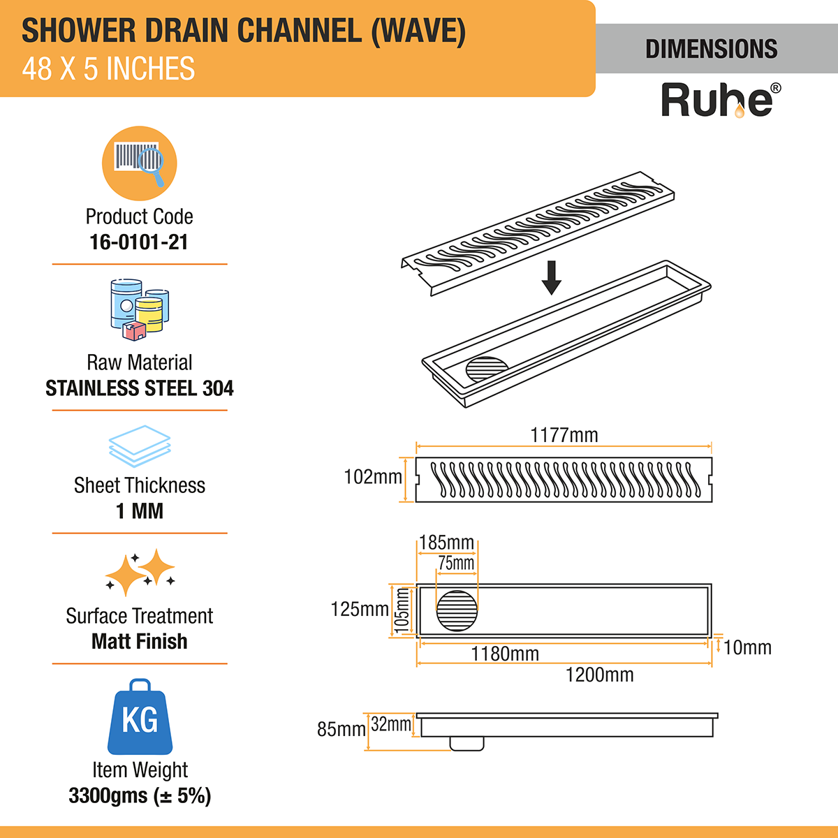 Wave Shower Drain Channel (48 X 5 Inches) with Cockroach Trap (304 Grade) dimensions and size